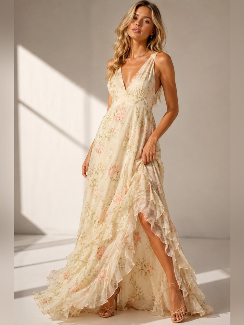 Lulus Floral Chiffon Maxi Dress Size L NWT Deep V Ruffle Hem Romantic